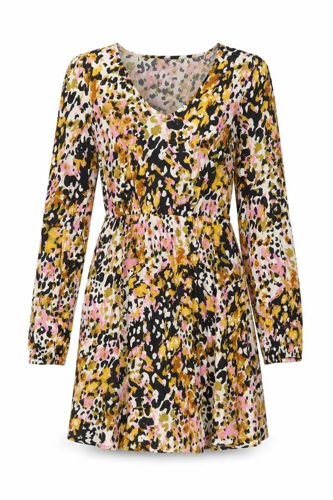 JDY Womens Multicoloured Geometric Viscose Skater Dress Size 8 V-Neck Pullover
