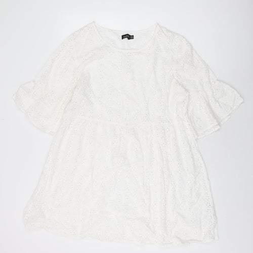 Boohoo Womens White Floral Cotton Shift Size 16 Round Neck Pullover
