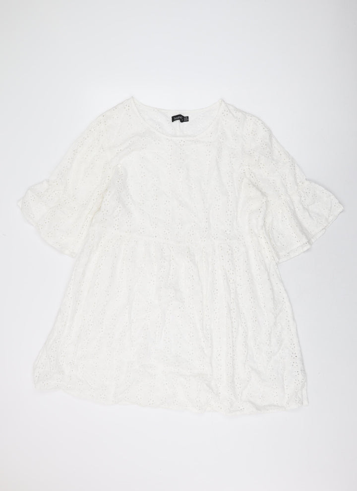 Boohoo Womens White Floral Cotton Shift Size 16 Round Neck Pullover
