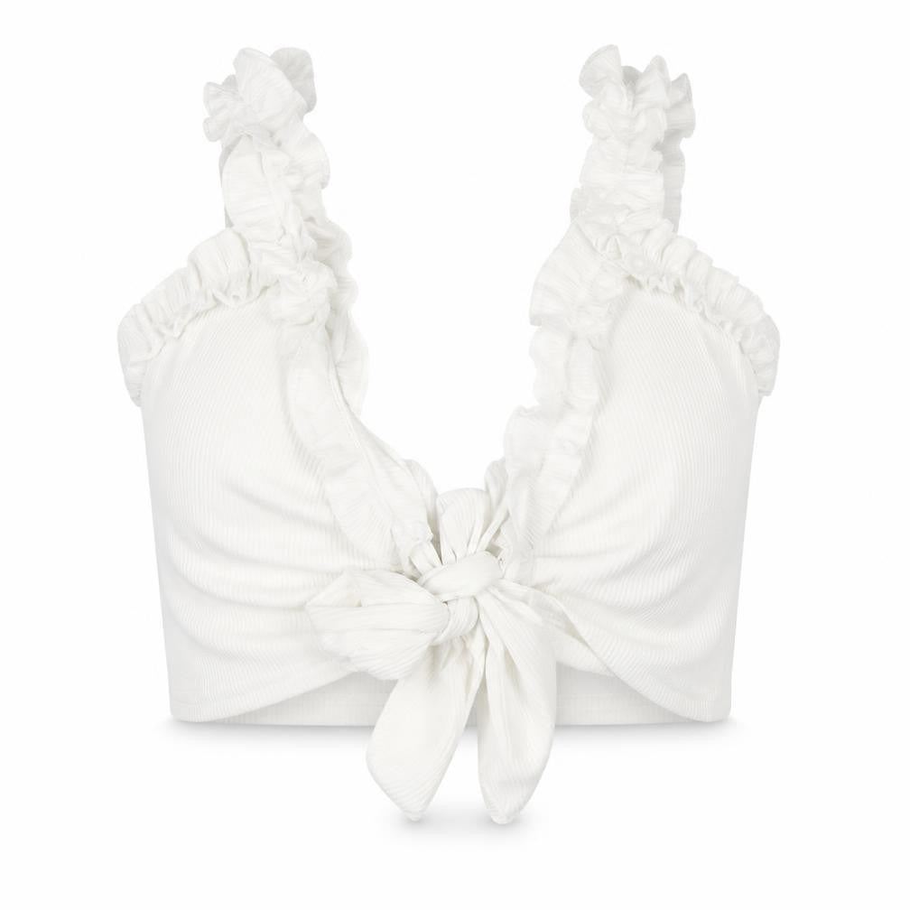 Front view of PRETTYLITTLETHING women’s white polyester cropped t-shirt, size UK 8, v-neck