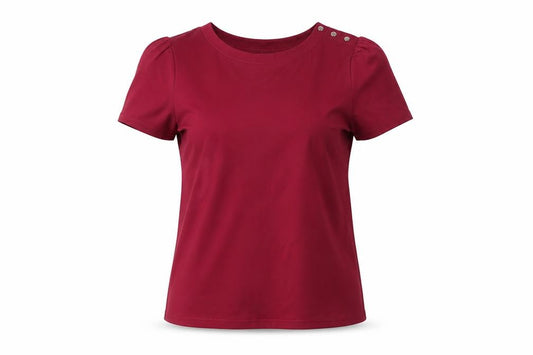 Front view of Oasis women’s red polyester basic t-shirt, size UK 8, round neck