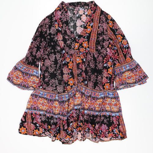 QED London Womens Black Floral Viscose Shift Size M V-Neck Button