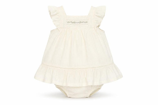 Front view of Sergent Major girls’ ivory cotton shorts set outfit/set, size 12, months button