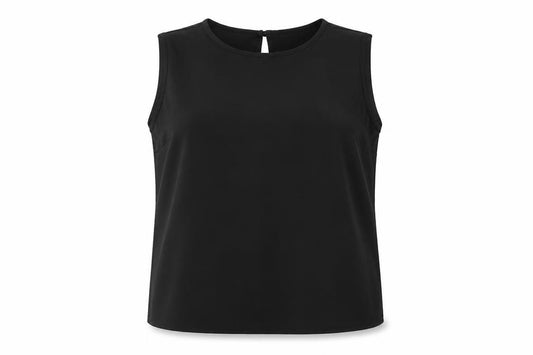 Front view of Warehouse women’s black polyester basic t-shirt, size UK 12, round neck
