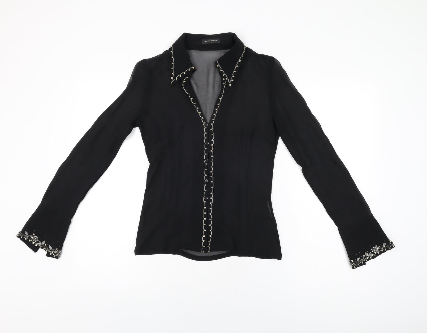 Press&Bastyan Womens Black Polyester Basic Button-Up Size 8 Collared