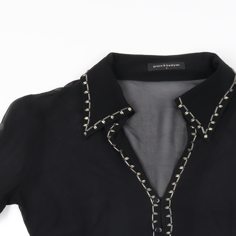 Press&Bastyan Womens Black Polyester Basic Button-Up Size 8 Collared