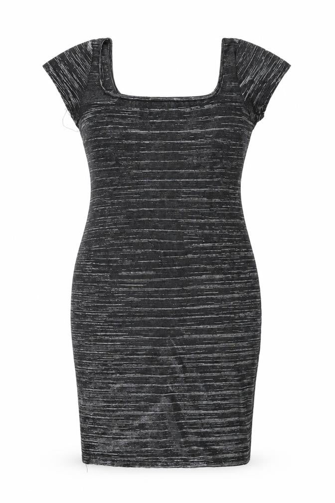 Front view of Cinnamon women’s grey acetate bodycon, size M, square neck pullover