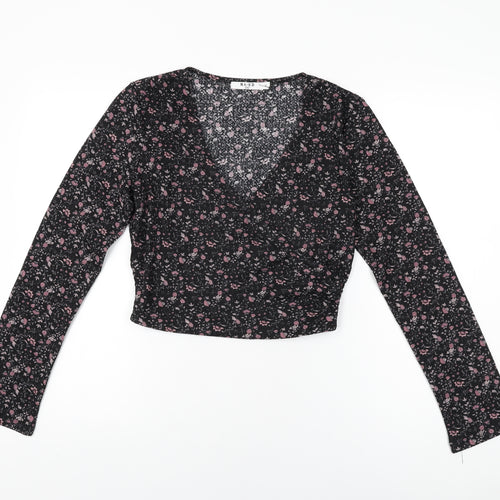 NA-KD Womens Black Floral Polyester Wrap T-Shirt Size M V-Neck