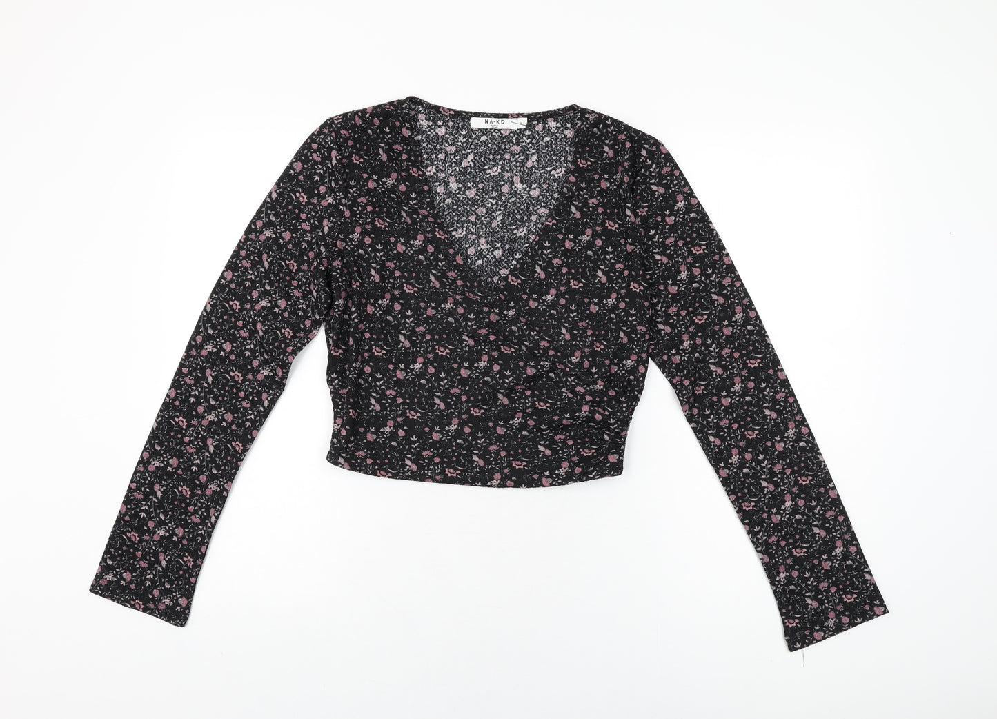 NA-KD Womens Black Floral Polyester Wrap T-Shirt Size M V-Neck