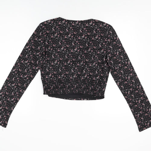 NA-KD Womens Black Floral Polyester Wrap T-Shirt Size M V-Neck