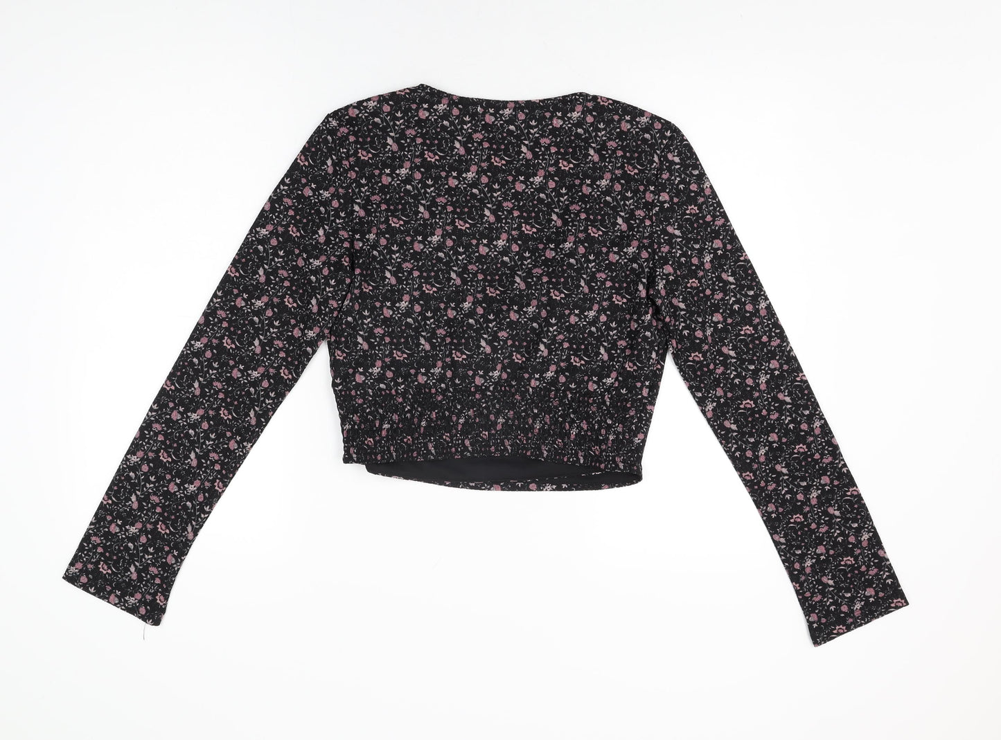 NA-KD Womens Black Floral Polyester Wrap T-Shirt Size M V-Neck