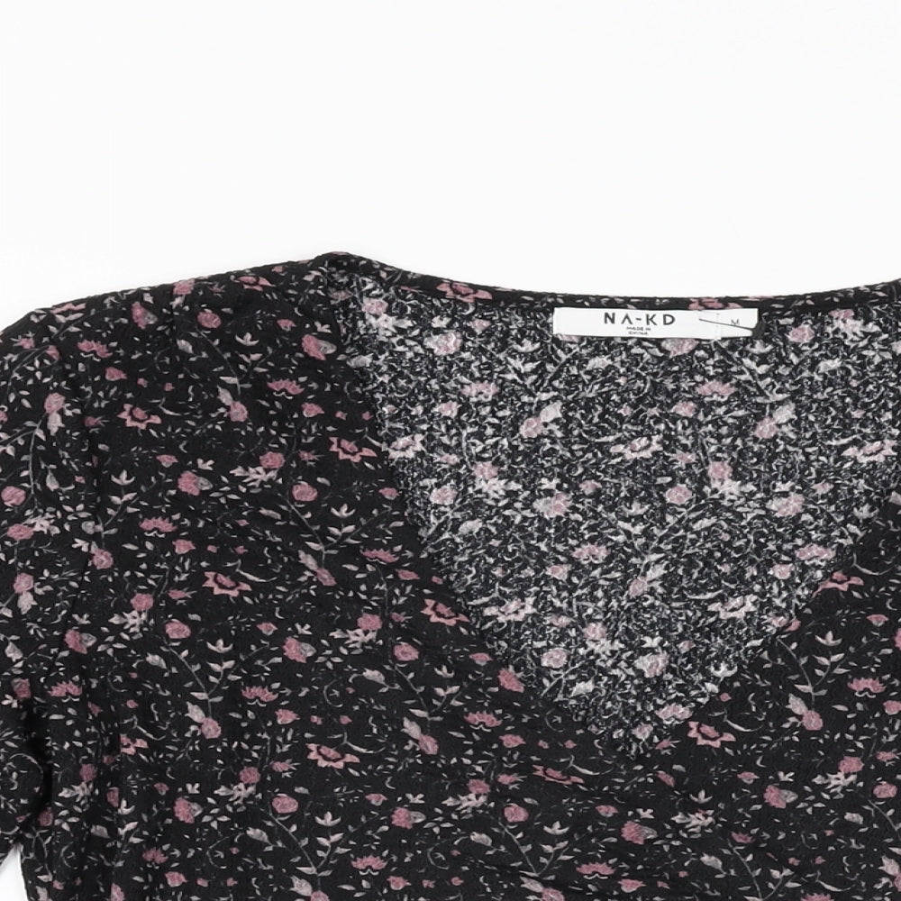 NA-KD Womens Black Floral Polyester Wrap T-Shirt Size M V-Neck