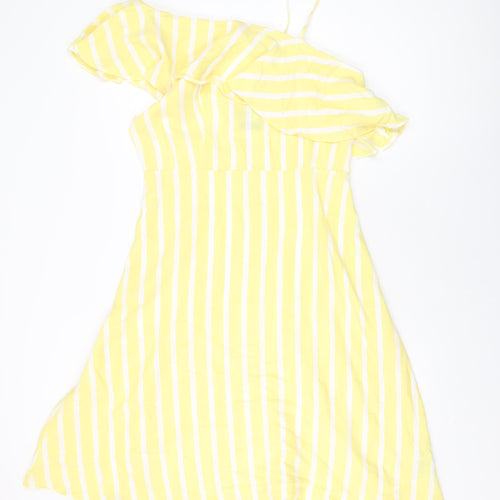 New Look Womens Yellow Striped Cotton A-Line Size 16 One Shoulder Zip