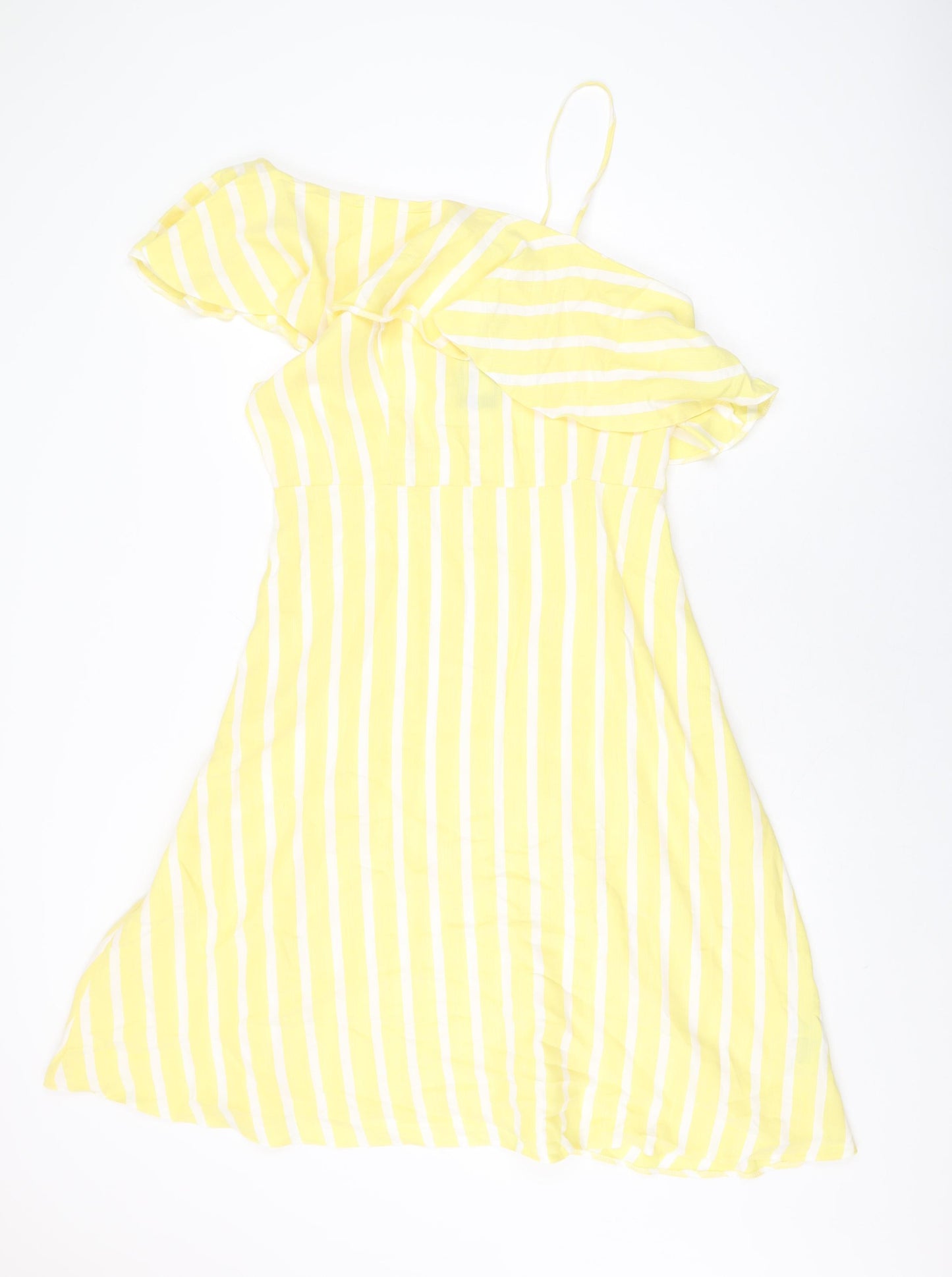 New Look Womens Yellow Striped Cotton A-Line Size 16 One Shoulder Zip