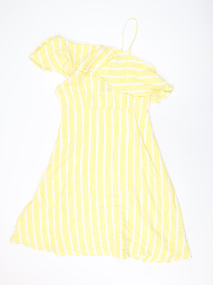 New Look Womens Yellow Striped Cotton A-Line Size 16 One Shoulder Zip