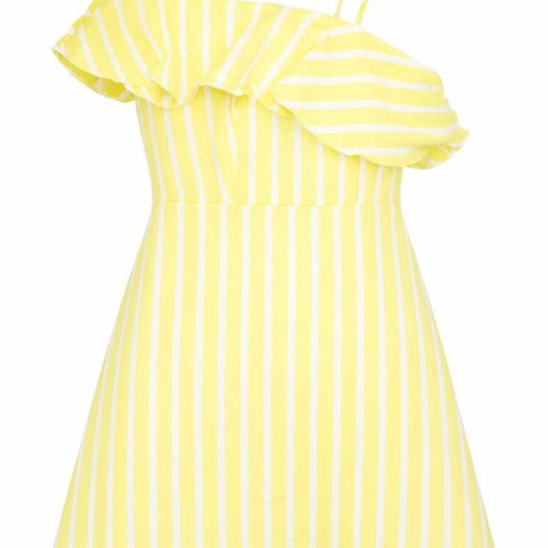 New Look Womens Yellow Striped Cotton A-Line Size 16 One Shoulder Zip