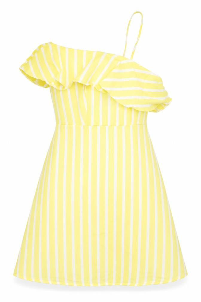 New Look Womens Yellow Striped Cotton A-Line Size 16 One Shoulder Zip