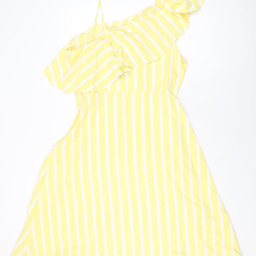 New Look Womens Yellow Striped Cotton A-Line Size 16 One Shoulder Zip