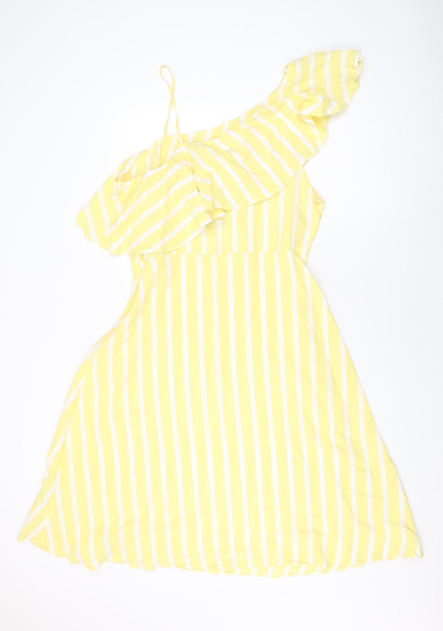 New Look Womens Yellow Striped Cotton A-Line Size 16 One Shoulder Zip