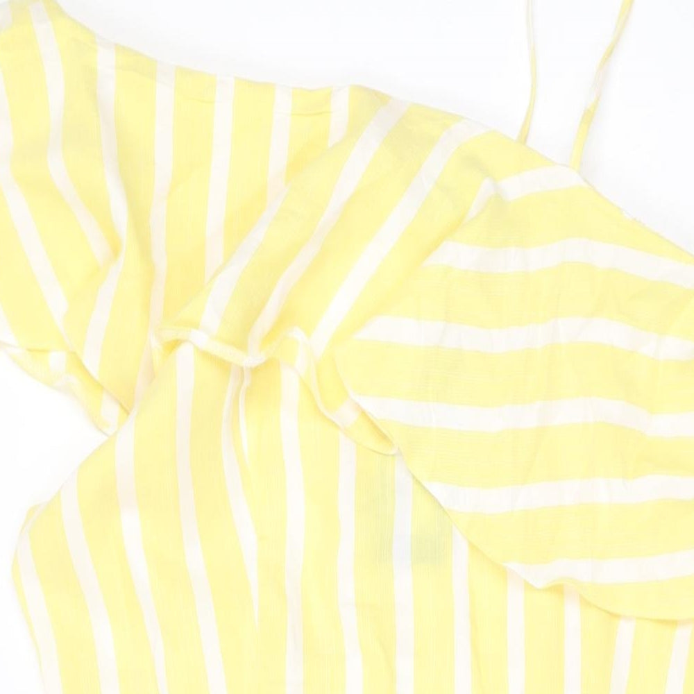 New Look Womens Yellow Striped Cotton A-Line Size 16 One Shoulder Zip