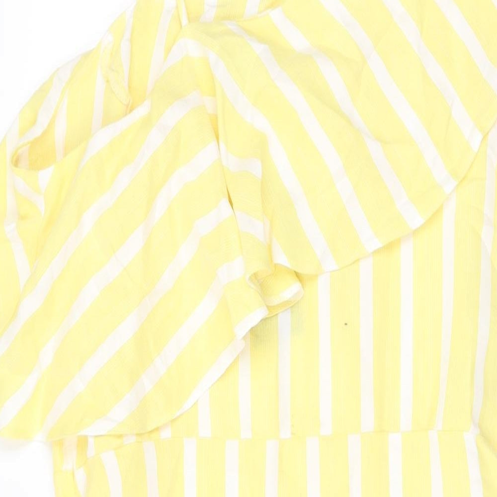 New Look Womens Yellow Striped Cotton A-Line Size 16 One Shoulder Zip