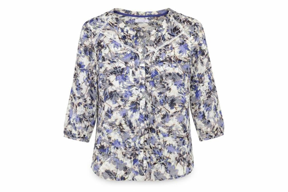 Front view of Per Una women’s multicoloured floral cotton basic button-up, size UK 16, v-neck