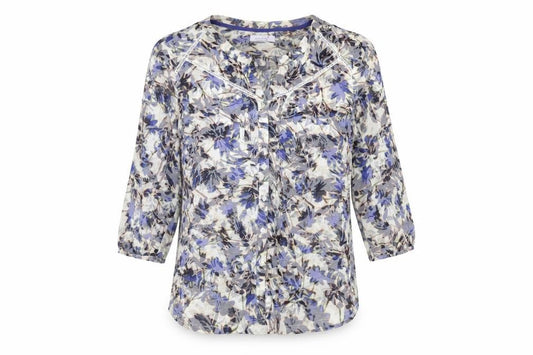 Front view of Per Una women’s multicoloured floral cotton basic button-up, size UK 16, v-neck