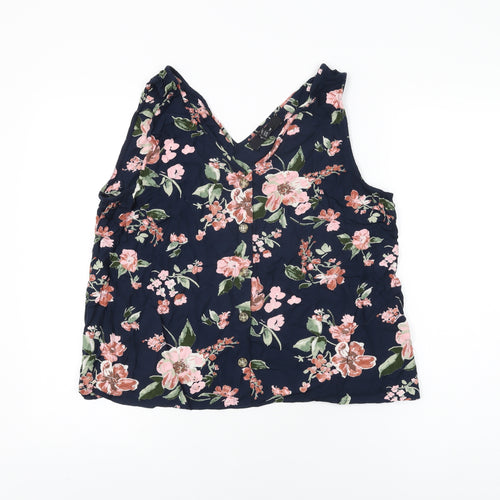 VERO MODA Womens Blue Floral Polyester Basic T-Shirt Size XL V-Neck