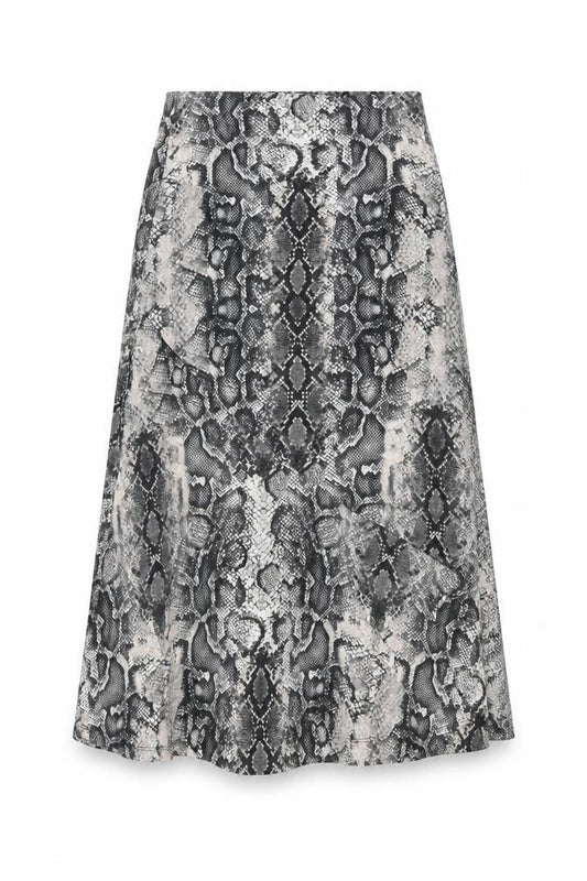 Front view of Oasis women’s grey animal print polyester flare skirt, size S, - snake print