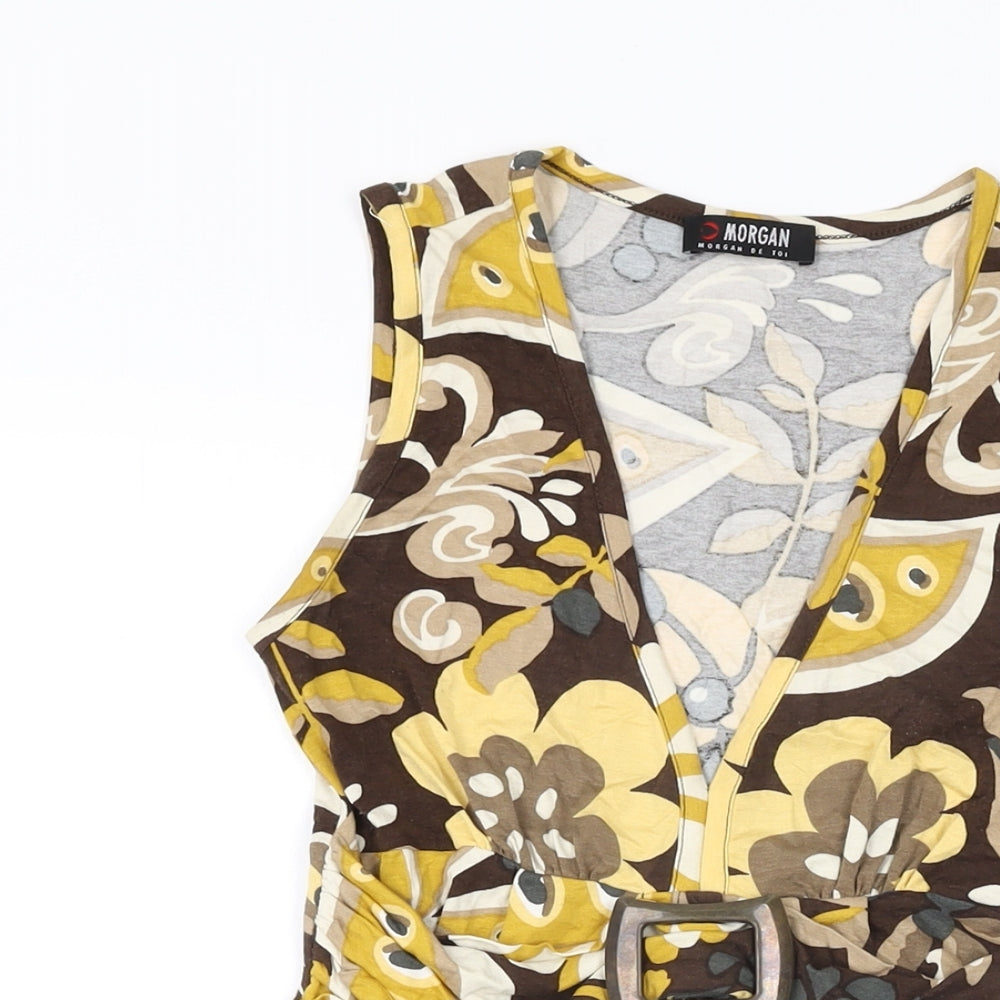 Morgan Womens Brown Floral Viscose Basic T-Shirt Size S V-Neck