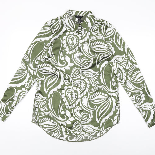 New Look Womens Green Geometric Polyester Basic Button-Up Size 10 Collared