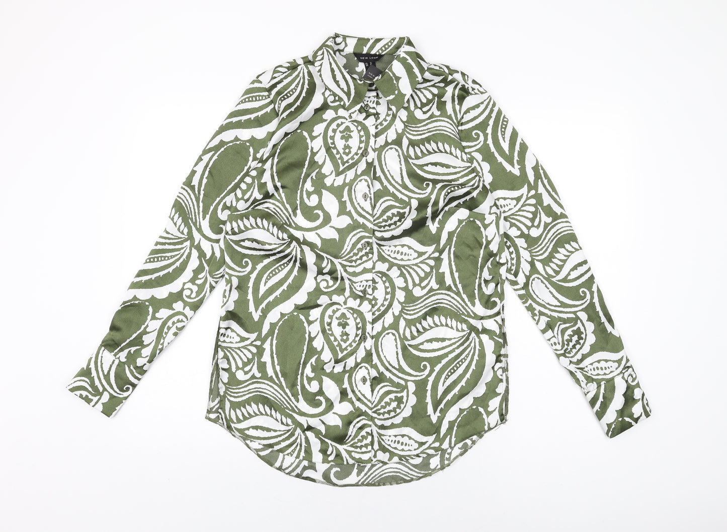 New Look Womens Green Geometric Polyester Basic Button-Up Size 10 Collared