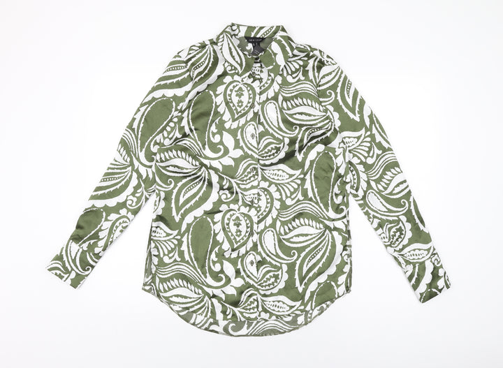 New Look Womens Green Geometric Polyester Basic Button-Up Size 10 Collared