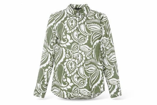 Front view of New Look women’s green geometric polyester basic button-up, size UK 10, collared