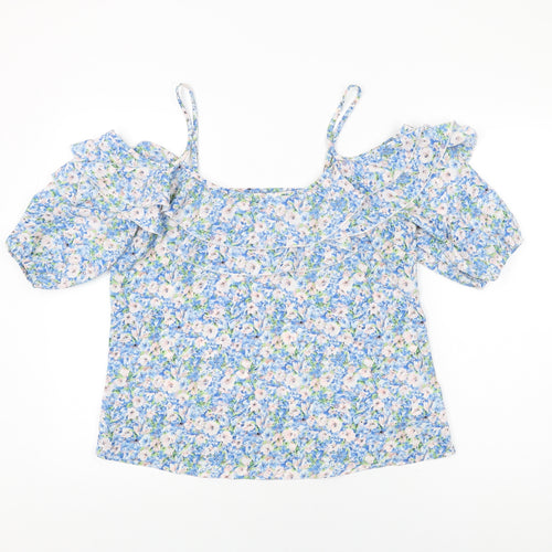 Lipsy Womens Blue Floral Polyester Basic T-Shirt Size 12 Round Neck