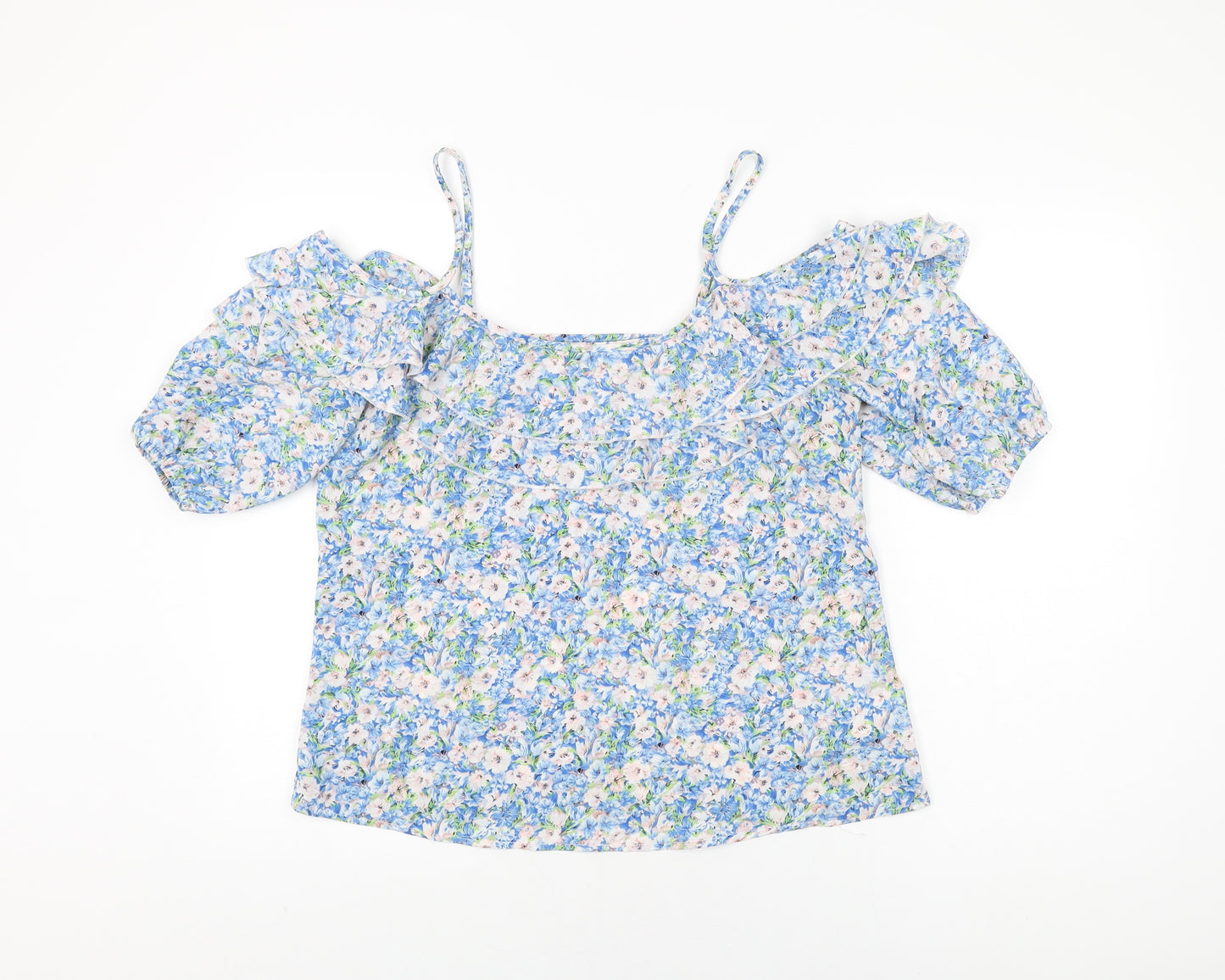Lipsy Womens Blue Floral Polyester Basic T-Shirt Size 12 Round Neck