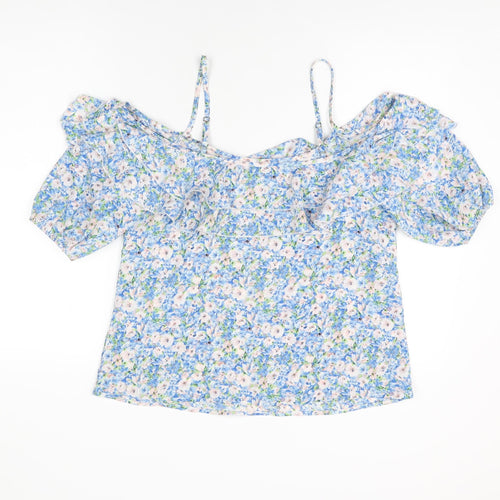 Lipsy Womens Blue Floral Polyester Basic T-Shirt Size 12 Round Neck