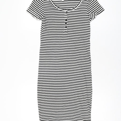 H&M Womens White Striped Cotton Bodycon Size S Round Neck Pullover