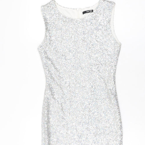 TFNC Womens Silver Polyester Bodycon Size S Round Neck Zip - Sequins