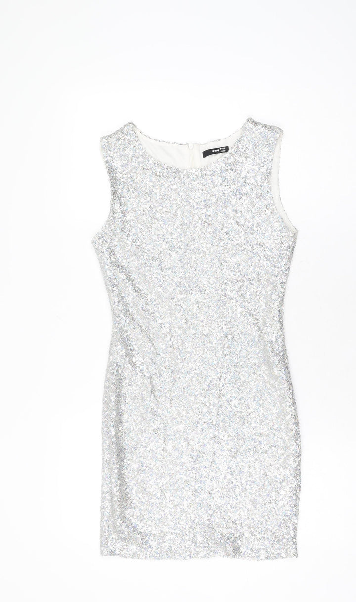TFNC Womens Silver Polyester Bodycon Size S Round Neck Zip - Sequins