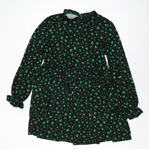 New Look Womens Black Floral Cotton Shift Size 10 Round Neck Button