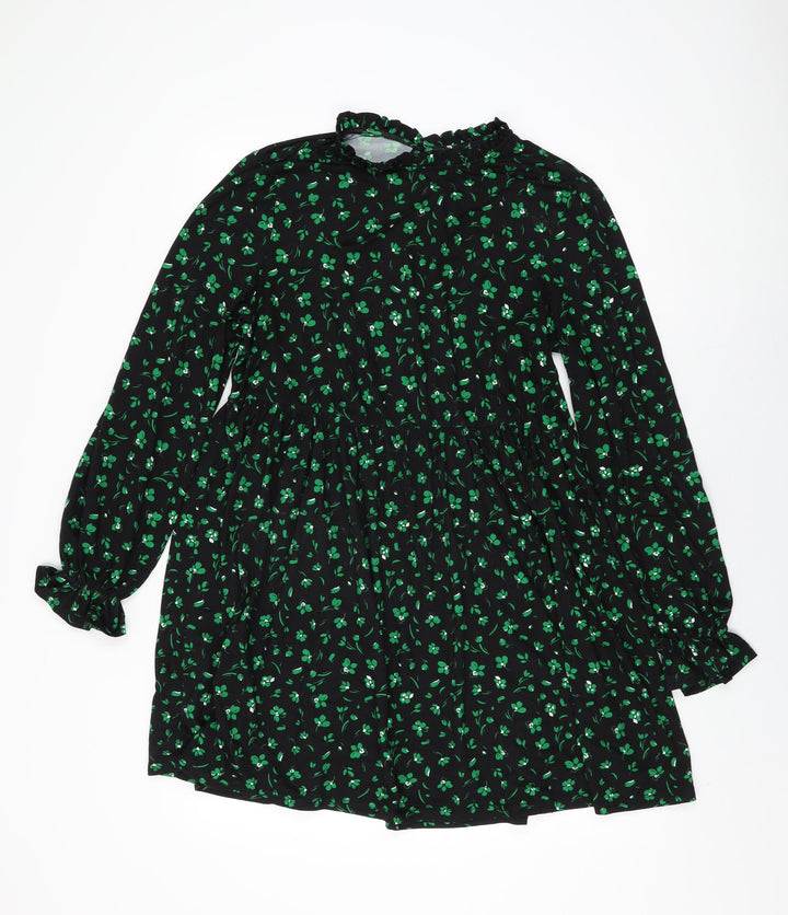 New Look Womens Black Floral Cotton Shift Size 10 Round Neck Button
