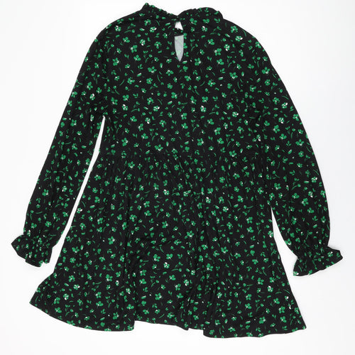 New Look Womens Black Floral Cotton Shift Size 10 Round Neck Button