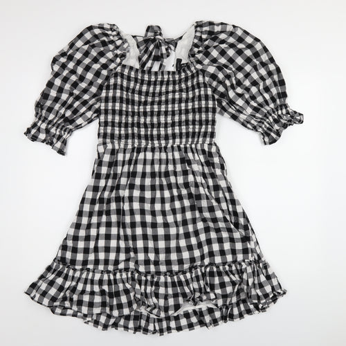 New Look Womens Black Check Cotton A-Line Size 10 Square Neck Zip