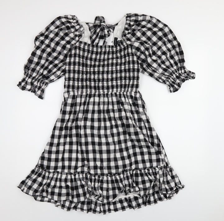 New Look Womens Black Check Cotton A-Line Size 10 Square Neck Zip