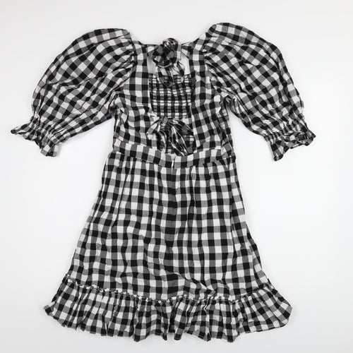 New Look Womens Black Check Cotton A-Line Size 10 Square Neck Zip