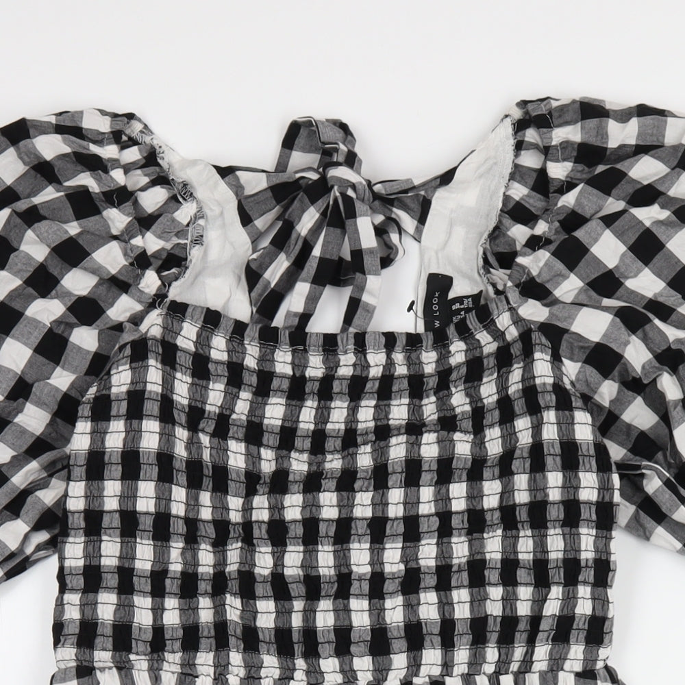 New Look Womens Black Check Cotton A-Line Size 10 Square Neck Zip