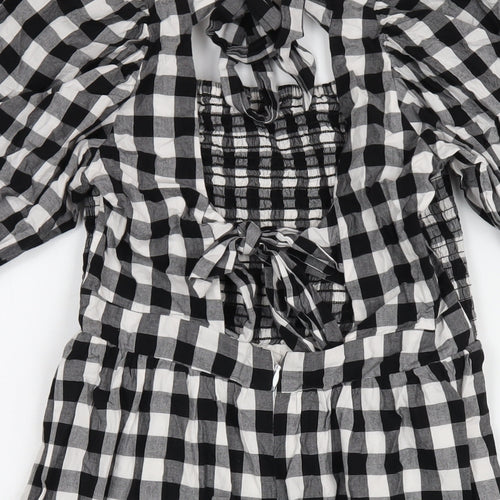 New Look Womens Black Check Cotton A-Line Size 10 Square Neck Zip