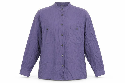 Front view of Country Casuals women’s purple modal basic button-up, size L, round neck