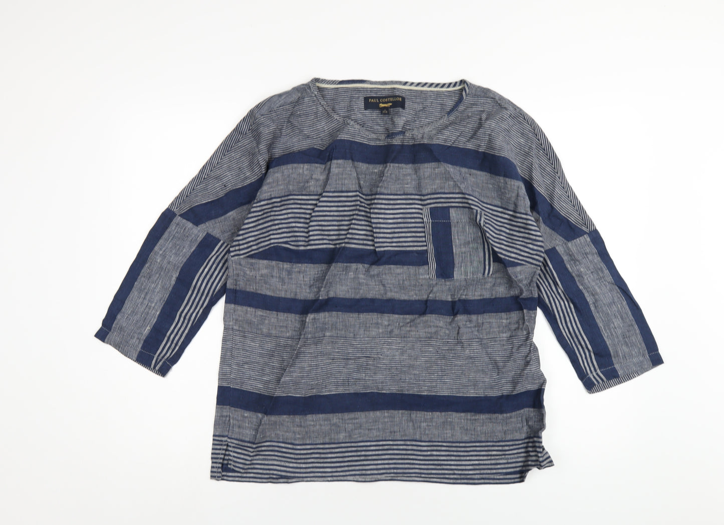 Paul Costelloe Womens Blue Striped Linen Basic T-Shirt Size 10 Round Neck